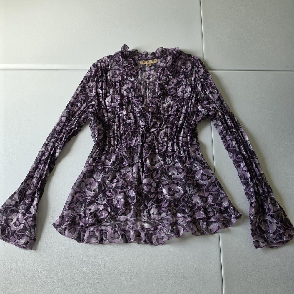 Y2K Lorelai Gilmore Blouse Womens Small Purple Floral Sheer Ruffle Fairy Grunge